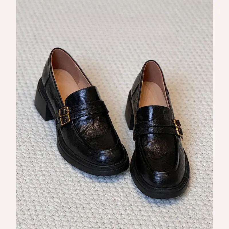 羊皮版~扣带粗跟英伦风乐福鞋女2025新款秋季厚底一脚蹬小皮鞋女