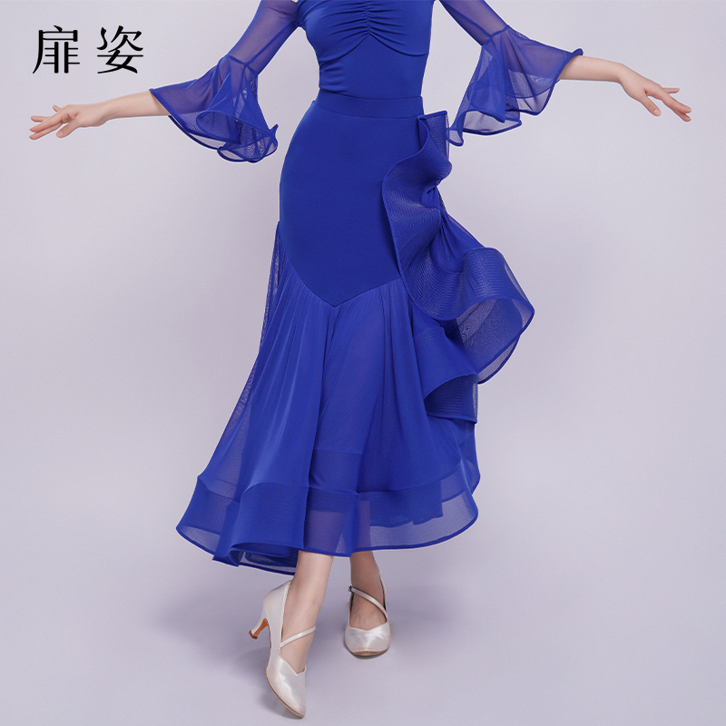 扉姿 摩登舞裙女士高档交谊舞演出服新款国标舞大裙摆半身裙F2142