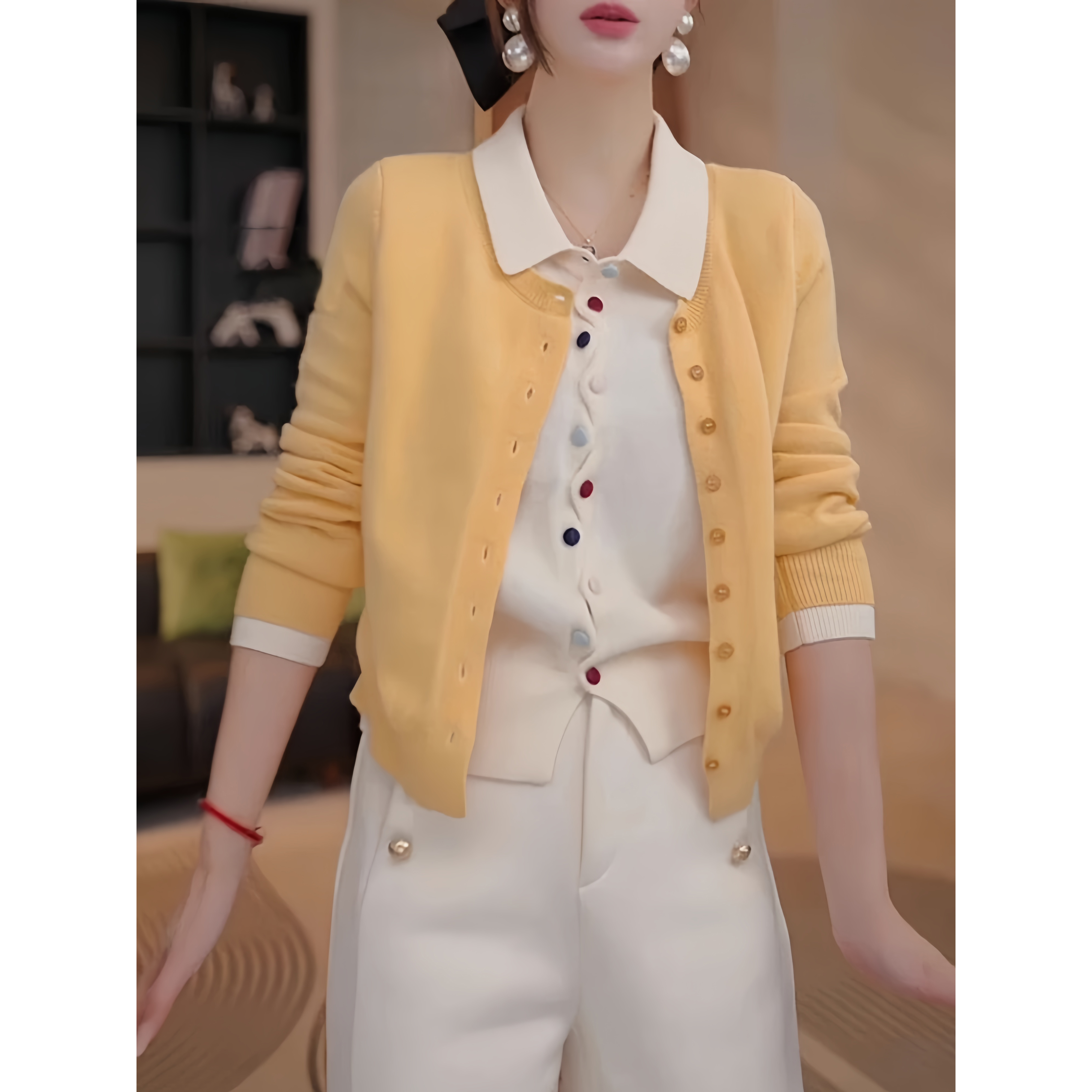 时尚翻领假两件彩扣针织开衫女春季新款显瘦拼接毛衣长袖上衣外套