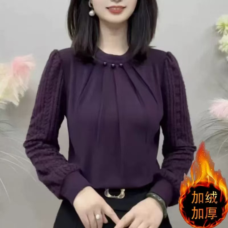 加厚妈妈上衣爆款2025秋季新款时尚圆领洋气法式轻奢减龄打底衫女