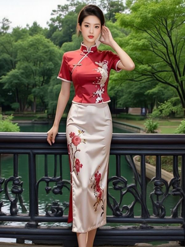 时尚高级感绣花短袖改良旗袍上衣女装2025夏季新款高腰显瘦长裙