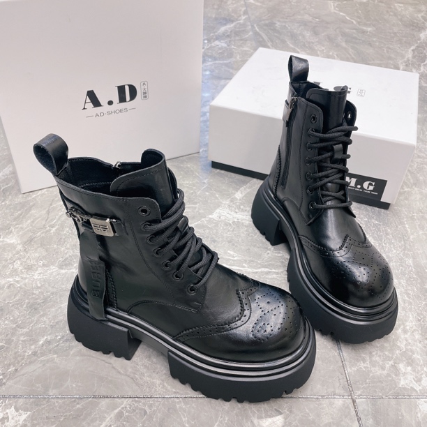 飘带英伦风高级显瘦厚底中筒真皮新款烟筒靴马丁靴8001-1