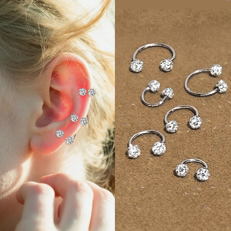 钛钢合成锆石耳饰 爆闪双头C型耳骨钉女螺丝拧扣免摘多耳洞耳钉