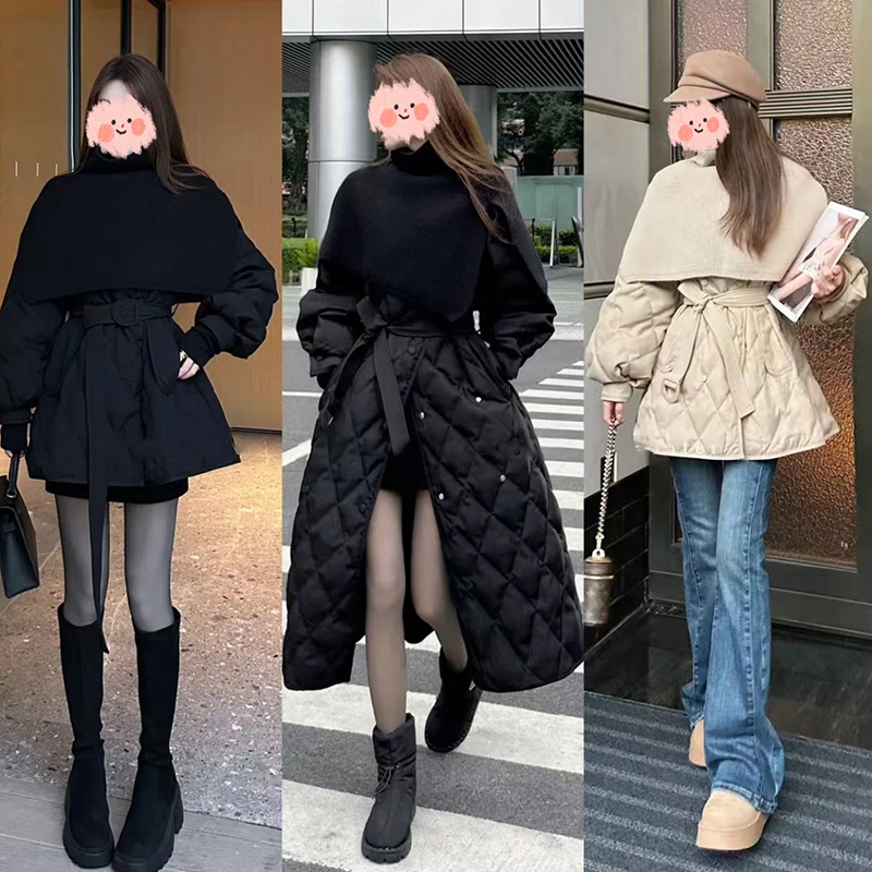 针织披肩菱格绑带收腰保暖风衣长/短款棉服外套冬季韩系轻熟上衣