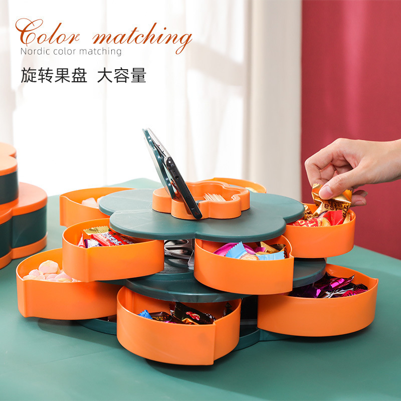 多层花型分格年货坚果盘糖果盘家用单双层花瓣旋转新年干果盒批发