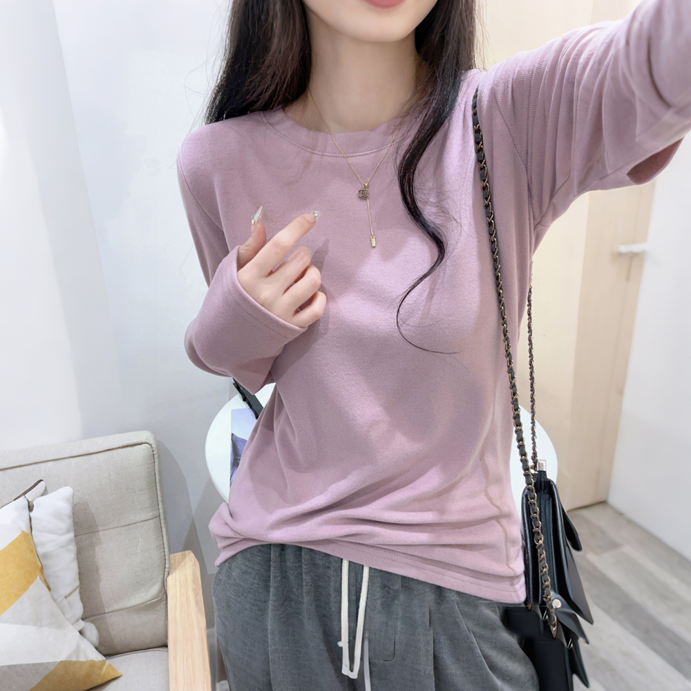 双面磨毛圆领长袖打底衫女春秋修身弹力内搭基础款t恤德绒上衣潮