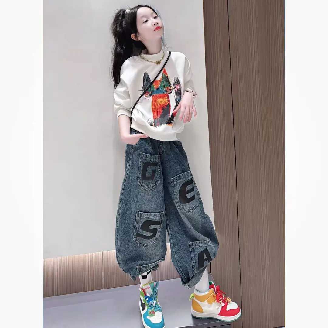 女童卫衣套装春秋2025新款女孩洋气百搭中大儿童卫衣牛仔裤两件套