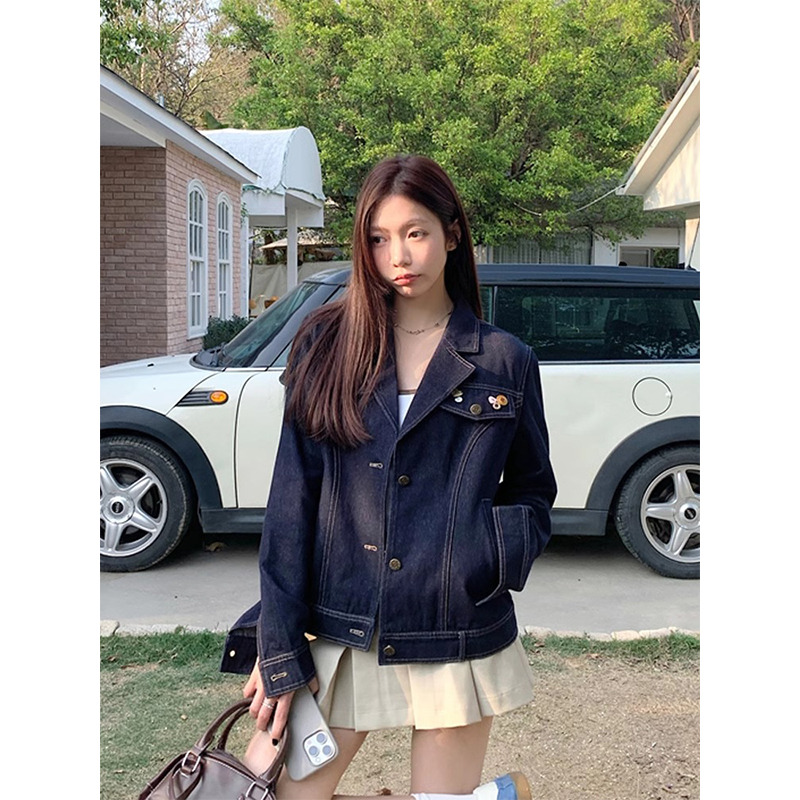 复古时尚西装领牛仔外套女春秋季新款设计感宽松百搭休闲夹克上衣
