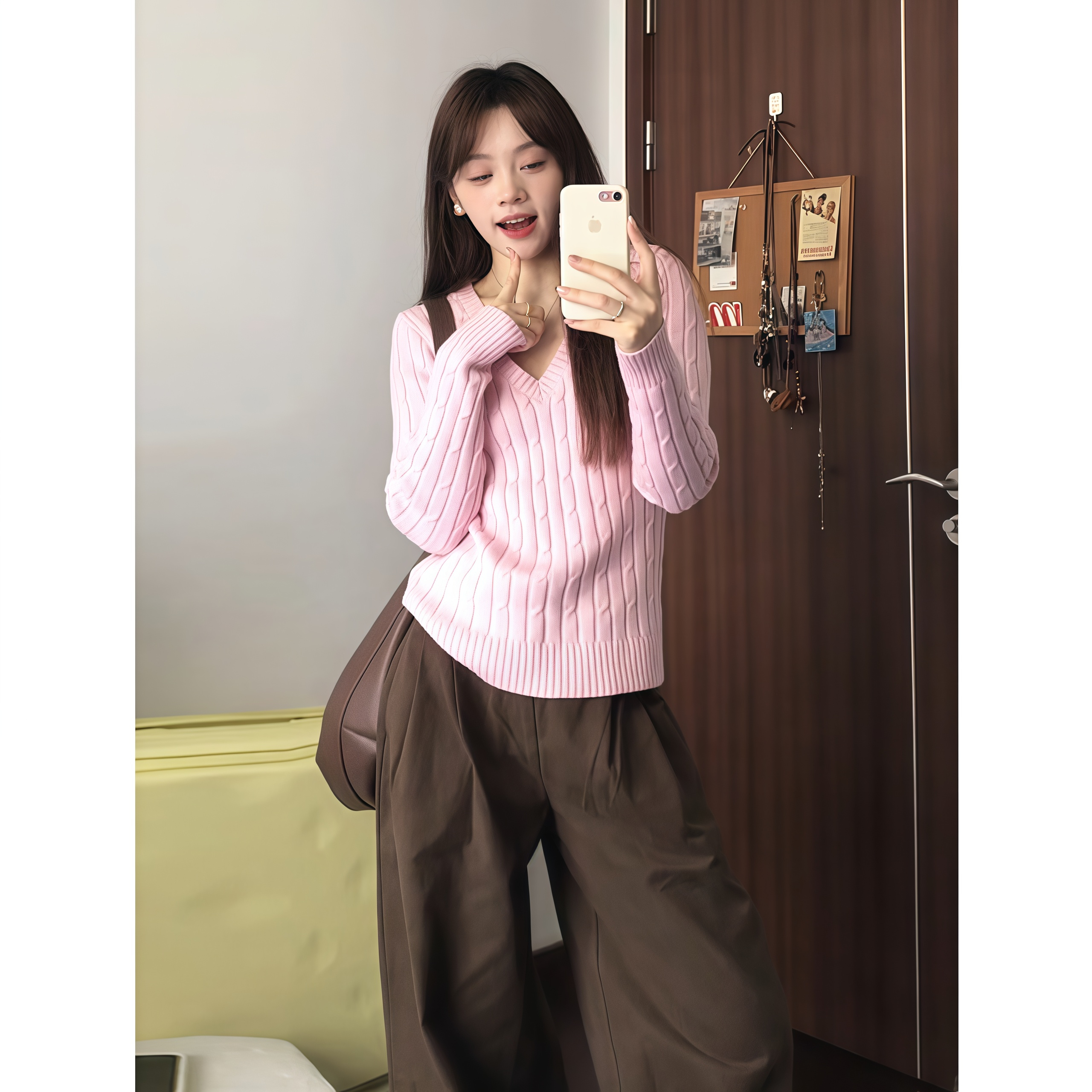 纯欲风气质V领长袖针织衫毛衣女早秋新款高腰宽松显瘦长裤子套装