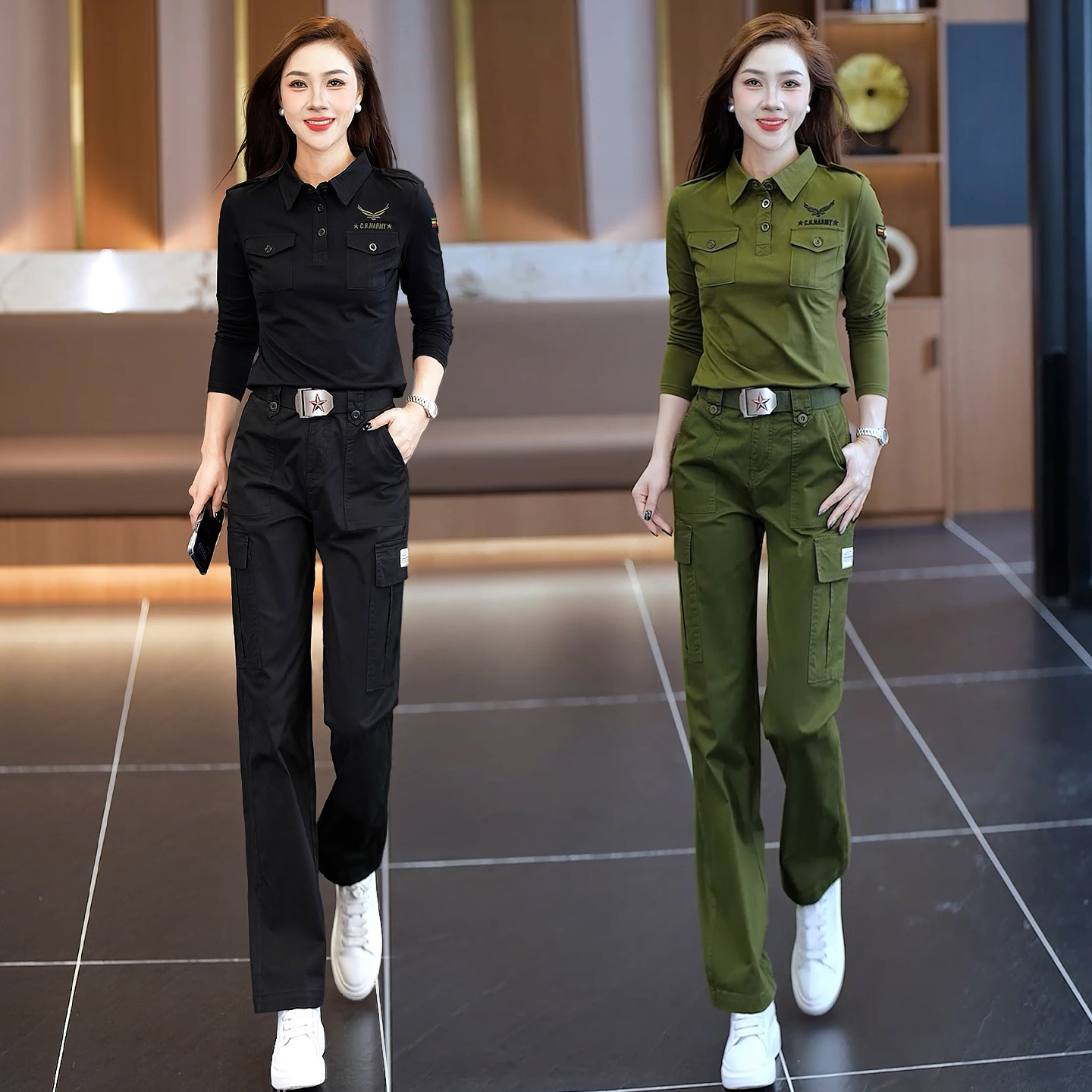 正品军绿色迷彩服套装女春秋季长袖T恤上衣直筒工装裤休闲两件套