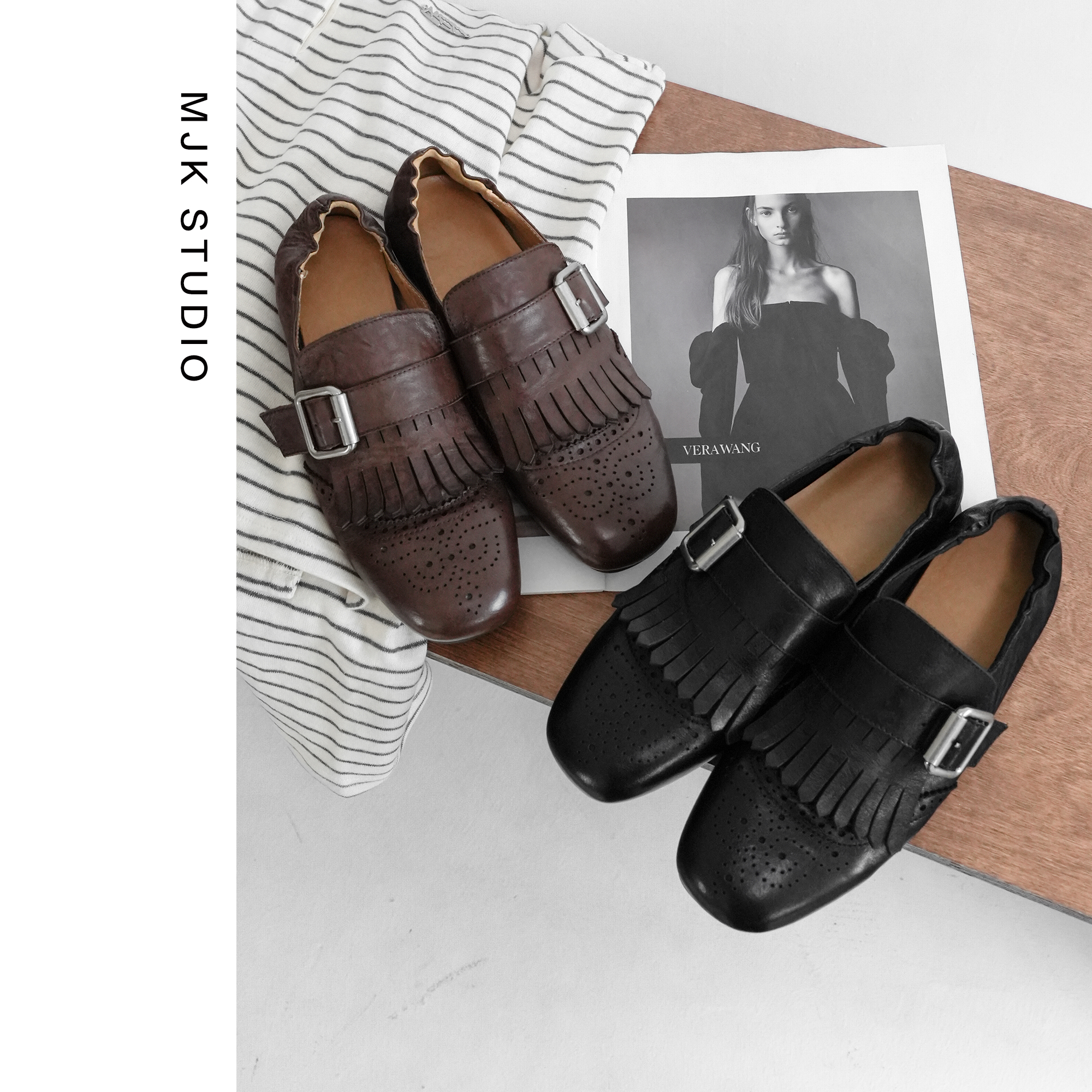 高版秋季布洛克雕花流苏单鞋复古水洗牛皮平底乐福鞋女英伦风皮鞋