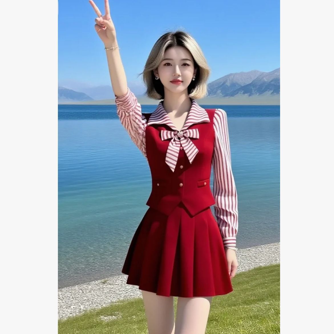 【现货】通勤风条纹拼接长袖修身上衣+红色百搭高腰半身裙两件套