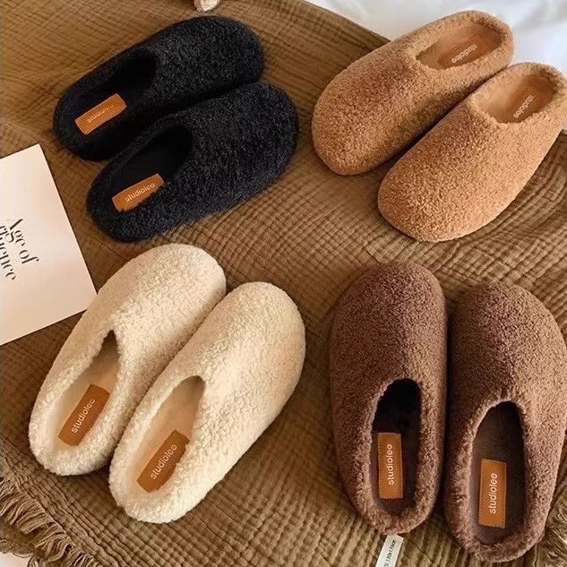 羊毛版包头一脚蹬保暖棉鞋加绒毛毛半拖鞋女外穿真皮勃肯毛毛鞋