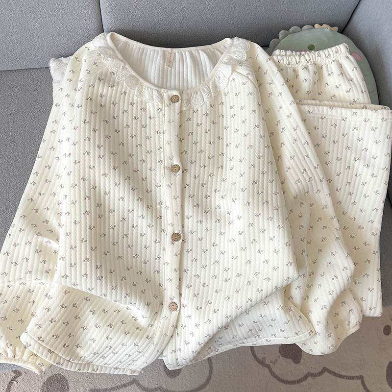 甜美花边樱桃空气棉睡衣女秋冬季网红少女风加厚夹层保暖家居服