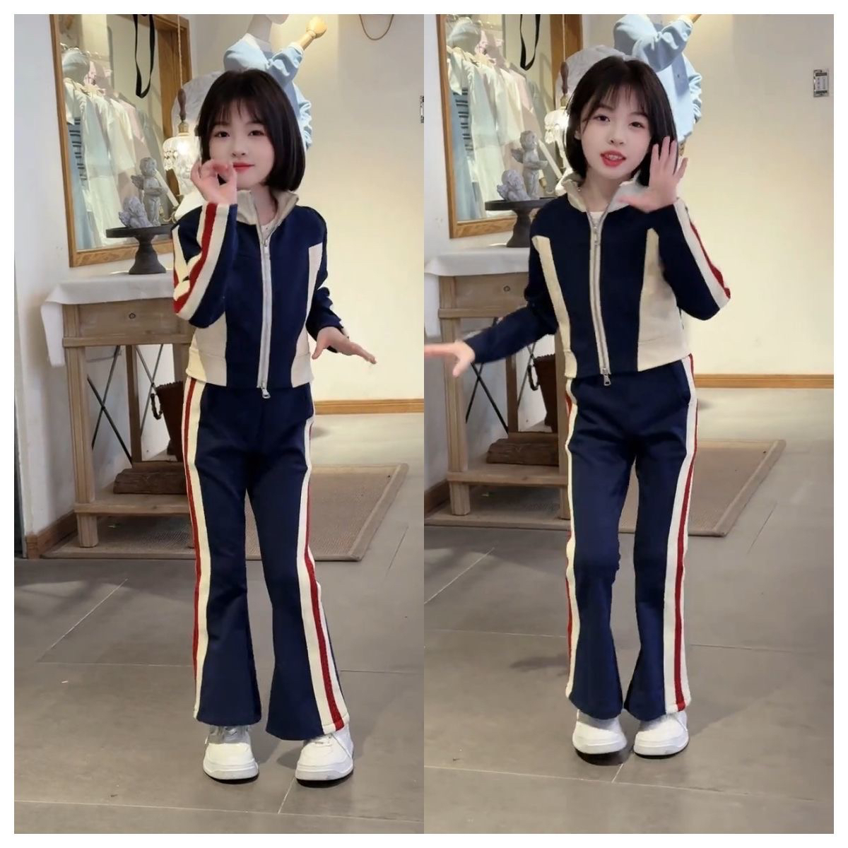 女大童春秋款套装2025新款洋气女孩韩版立领卫衣休闲宽松喇叭长裤