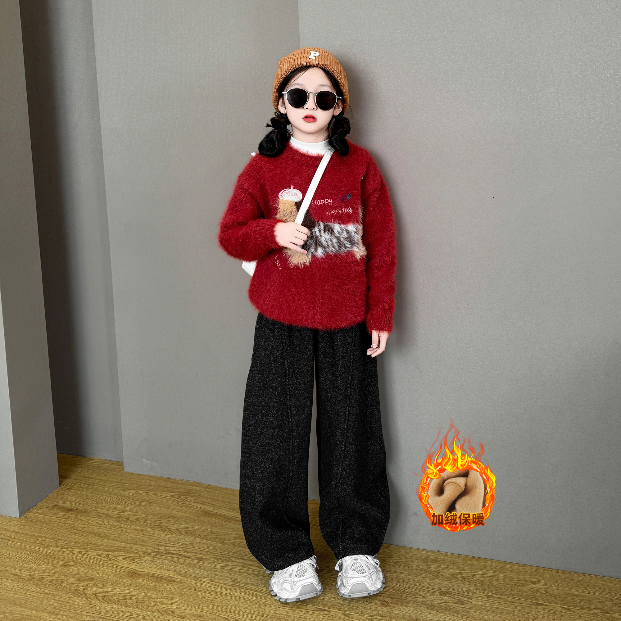 女童2025新款儿童秋冬季甜美时尚保暖毛毛衣阔腿加绒卫裤两件套潮