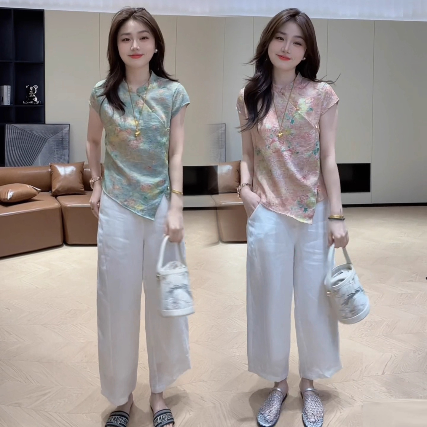 时尚套装女2025夏季新款洋气显瘦新中式盘扣短袖上衣阔腿裤两件套