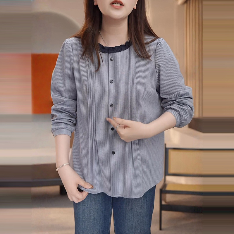 韩版竖条纹花边圆领衬衫女早秋季新款设计感拼接超好看小衫上衣