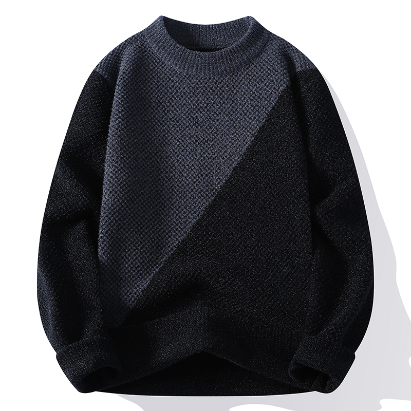 圆领毛衣男秋冬季新款潮牌套头保暖衣服青少年打底针织衫拼色线衣