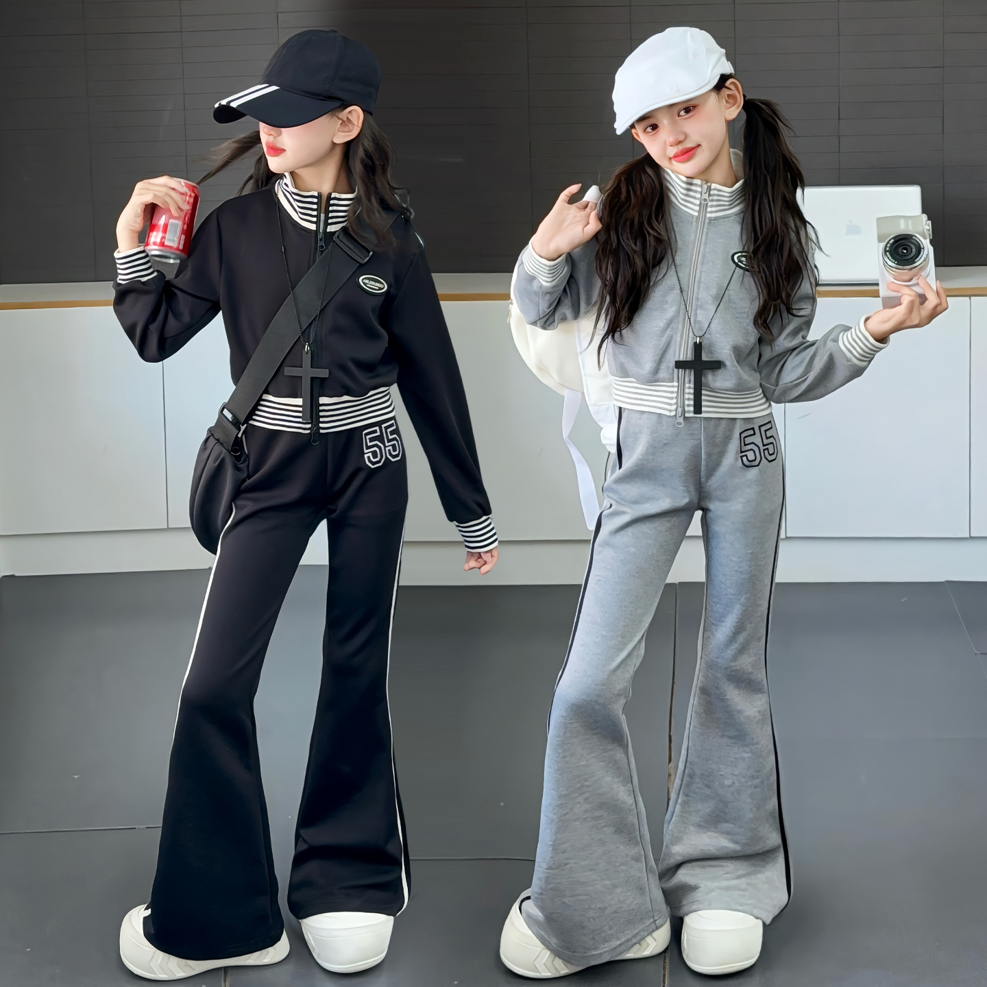 女童秋季套装2025新款5-13岁中大童春秋洋气休闲拼接喇叭裤两件套