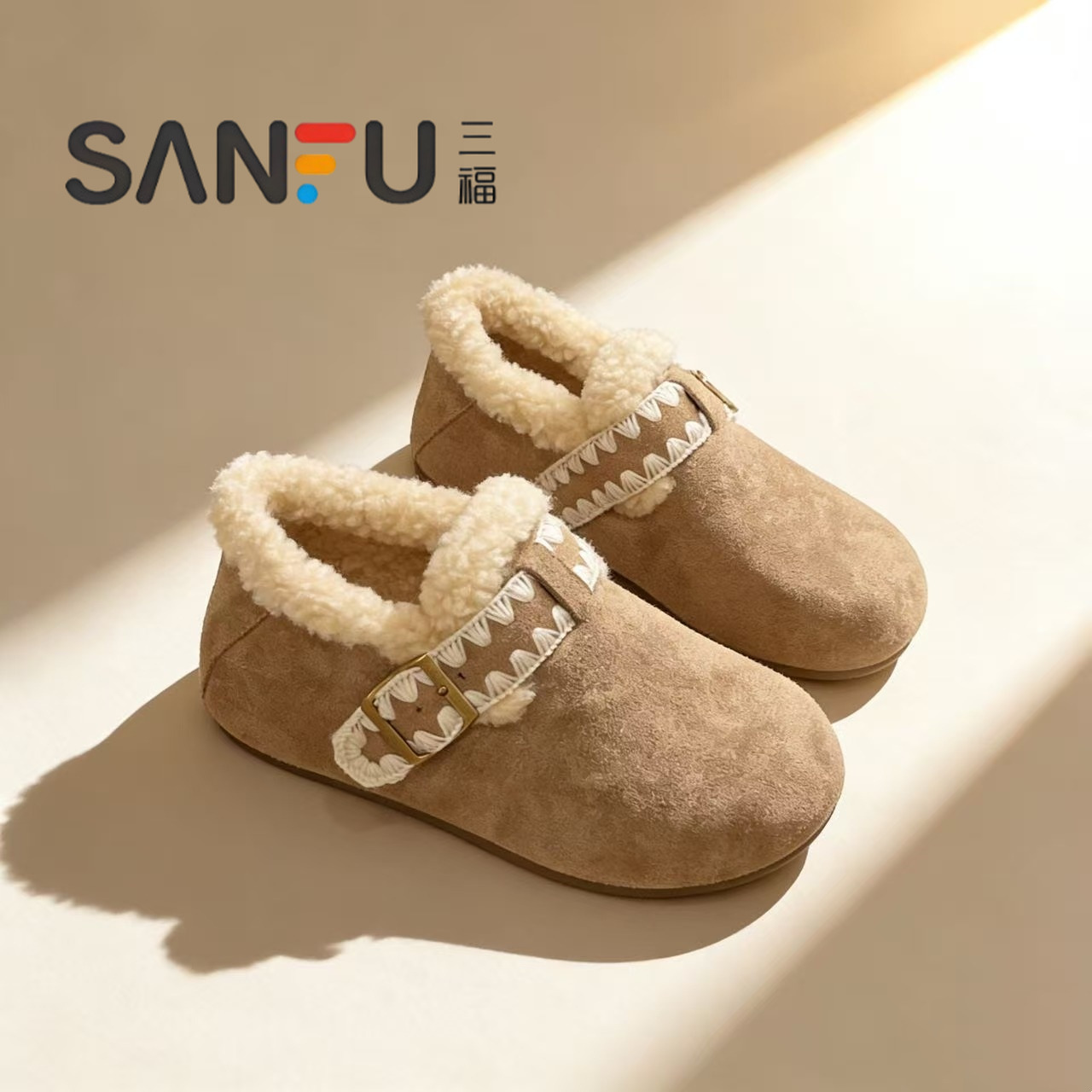 三福厚底内增高加绒勃肯鞋女2025冬季新款加绒棉鞋一脚蹬豆豆鞋子