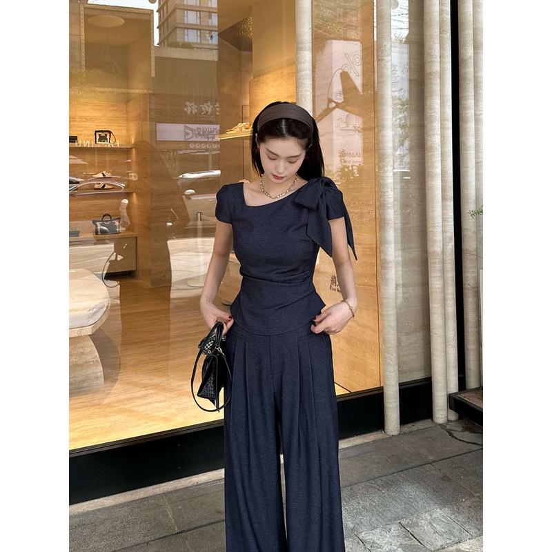 LZY知音夏季气质高级感蝴蝶结短袖上衣阔腿裤套装