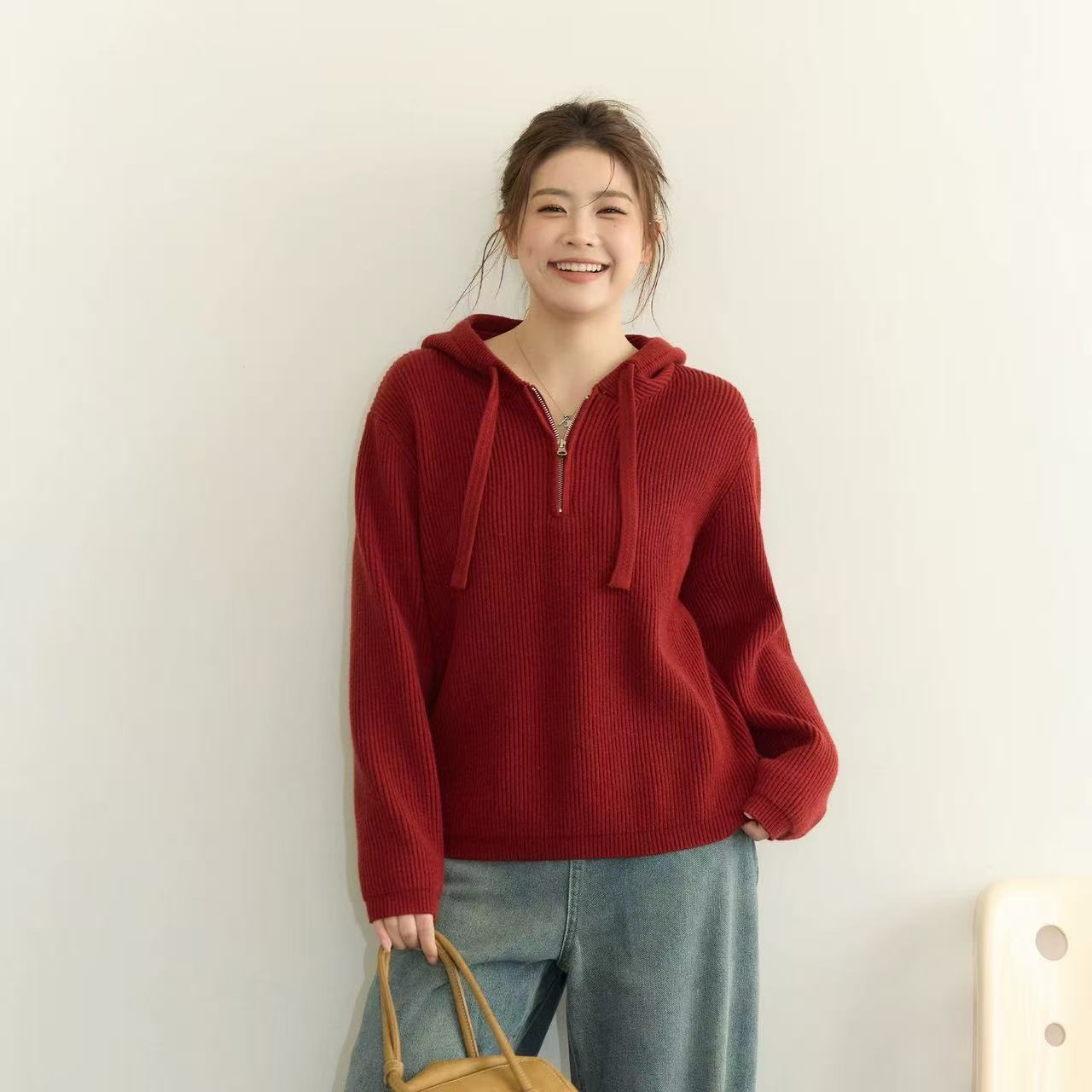 6001大码女装连帽拉链毛衣女冬季新款百搭宽松休闲上衣