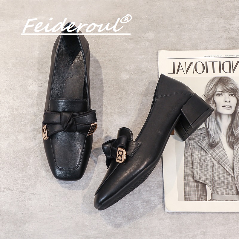 Feideroul小皮鞋女高跟2025英伦风黑色软底工作新款舒适乐福鞋