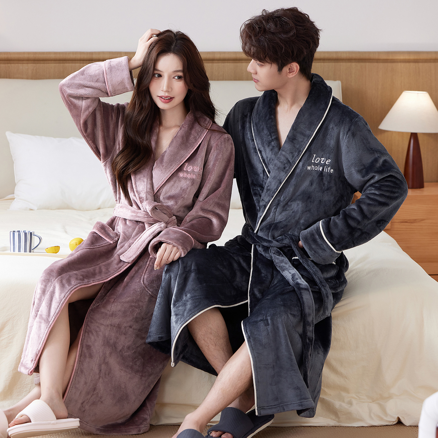 睡袍女冬季加绒加厚珊瑚绒男士浴袍加长款法兰绒情侣睡衣秋冬晨袍