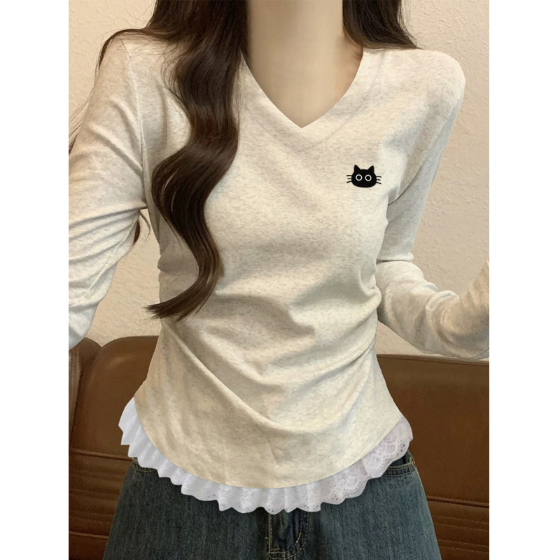 清仓捡漏~漂亮韩版显瘦长袖T恤女2025早秋新款设计感蕾丝花边上衣
