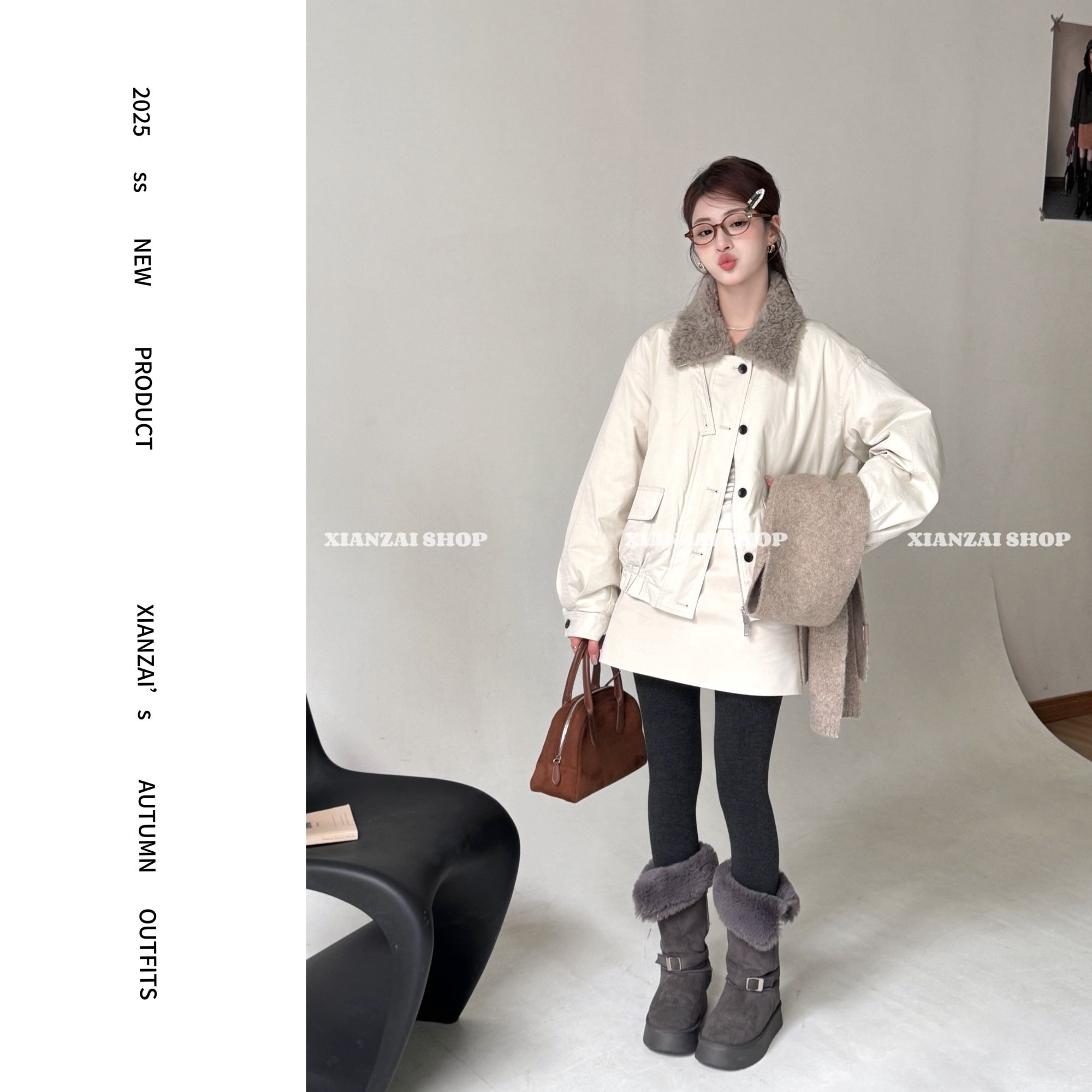 XIANZAI【雪松】冬季新款工装翻领加厚羽绒服夹克外套短裙两件套装