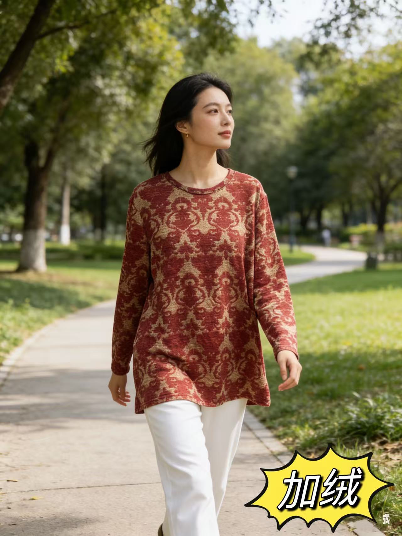 535 【吉红纳福】秋冬加绒时尚长袖圆领弹力新款遮肚子藏肉上衣