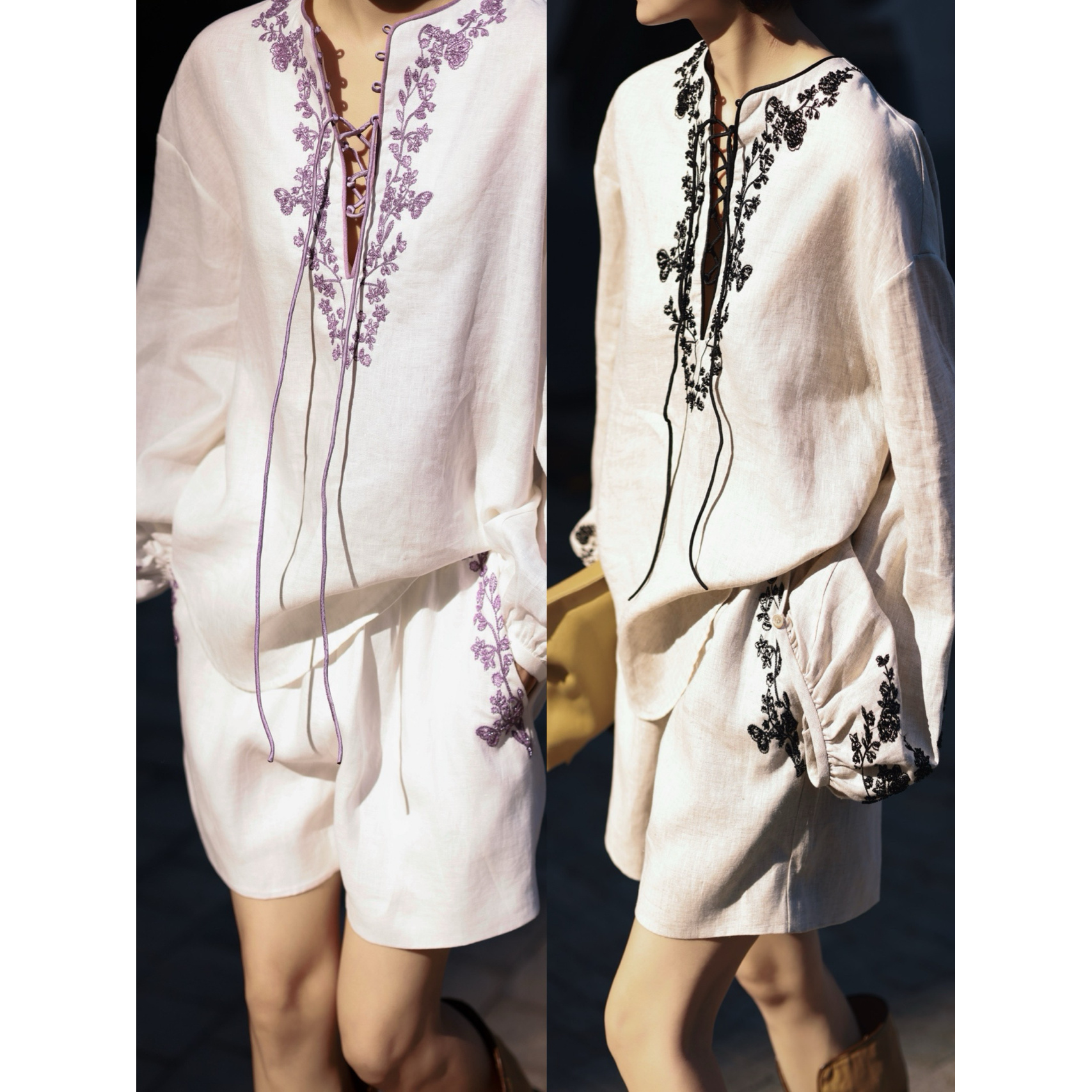 【返璞美学】亚麻刺绣系带设计长袖衬衫 短裤套装