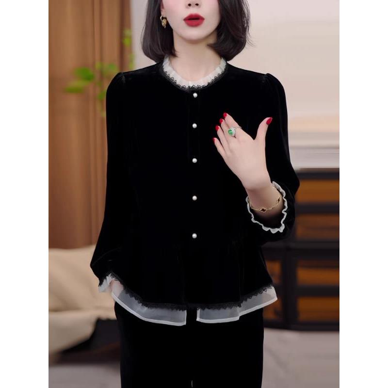 时髦假两件蕾丝拼接金丝绒衬衫女2025秋季新款气质减龄长袖打底衫