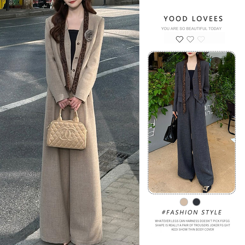 时尚套装女2025春秋新款洋气显瘦西装外套背心领带阔腿裤四件套潮