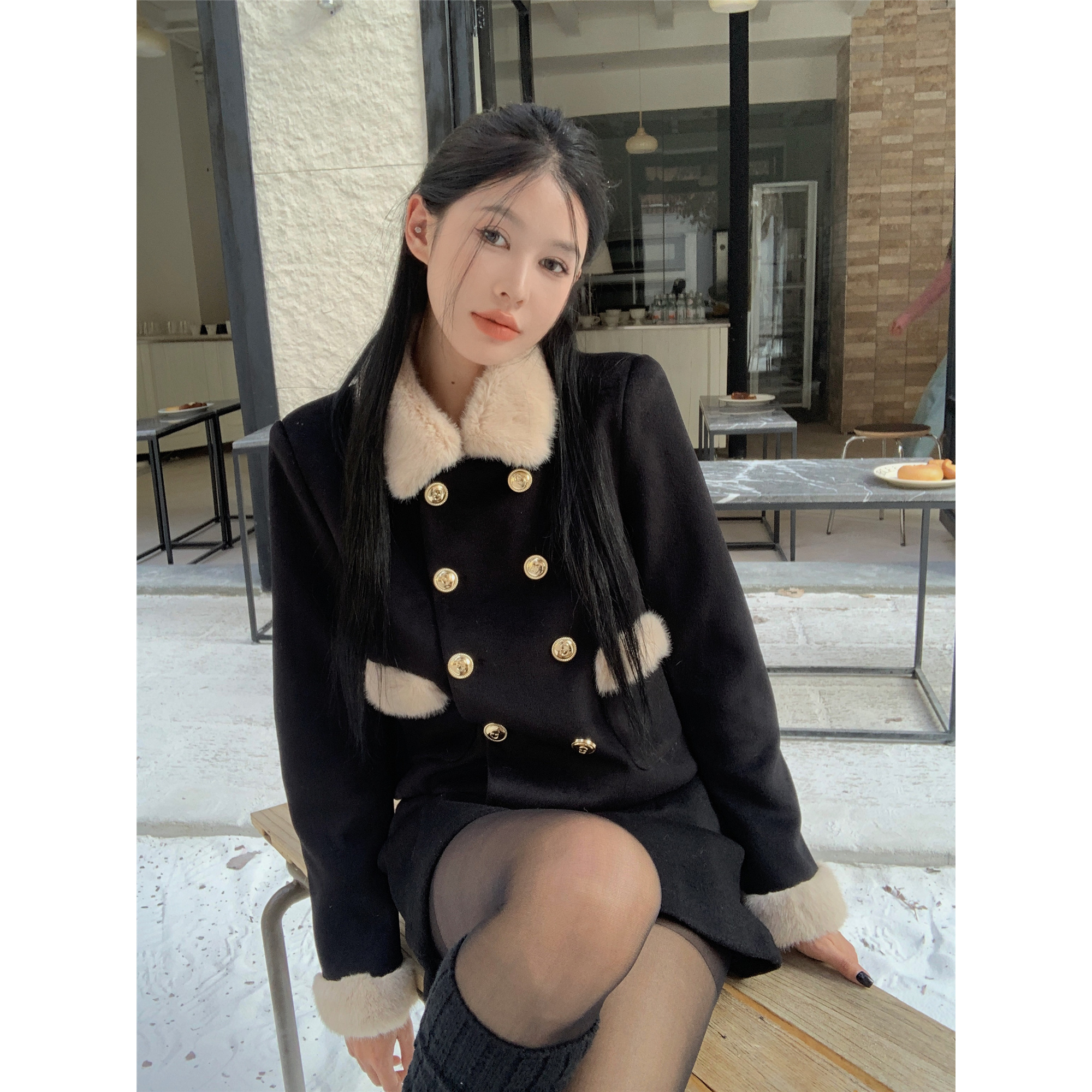 爆款秋冬新款加绒短款毛呢外套直筒宽松显瘦小香风复古翻领设计感
