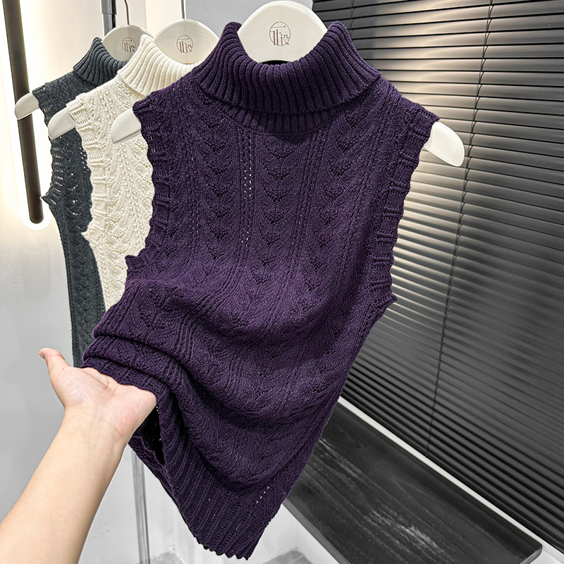 紫色高领无袖背心镂空上衣女2025秋冬新款内搭澳绒保暖针织打底衫