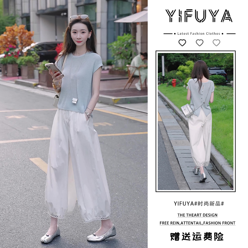 休闲风减龄小众设计感短袖洋气法式通勤时尚套装阔腿裤裤子两件套