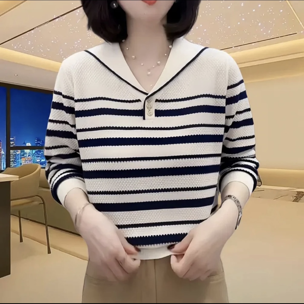 宽松显瘦【80-160斤】海军领提花高级长袖百搭2025秋冬长袖上衣318