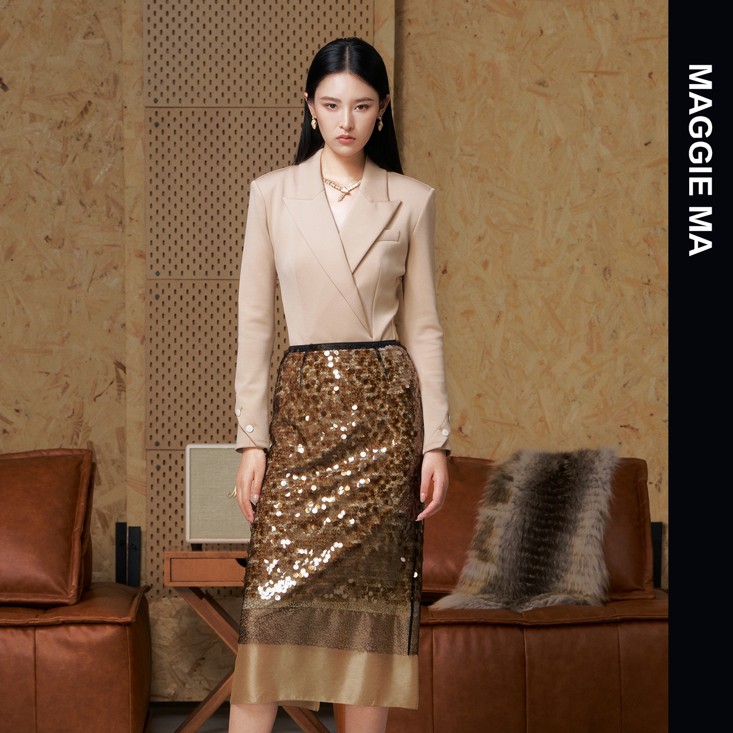 MAGGIE MA马婧设计师款咖色亮片璀璨闪耀迷人半裙573B