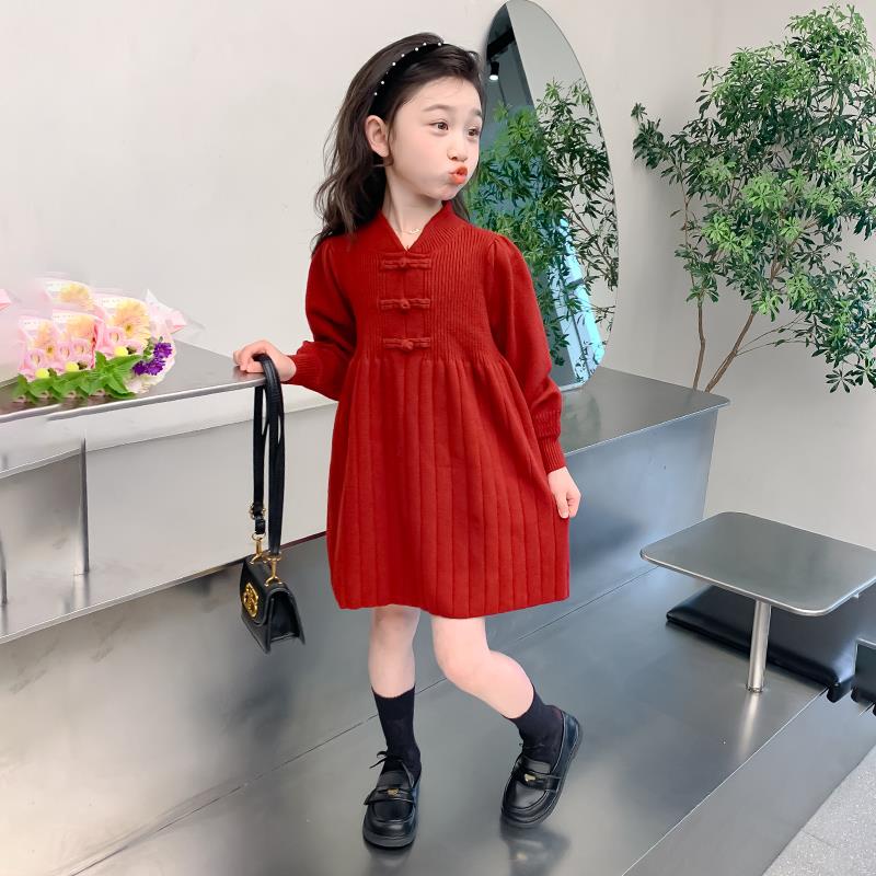 FAVMARTHA女童连衣裙2025新款秋装儿童新中式毛衣裙子女宝秋冬季