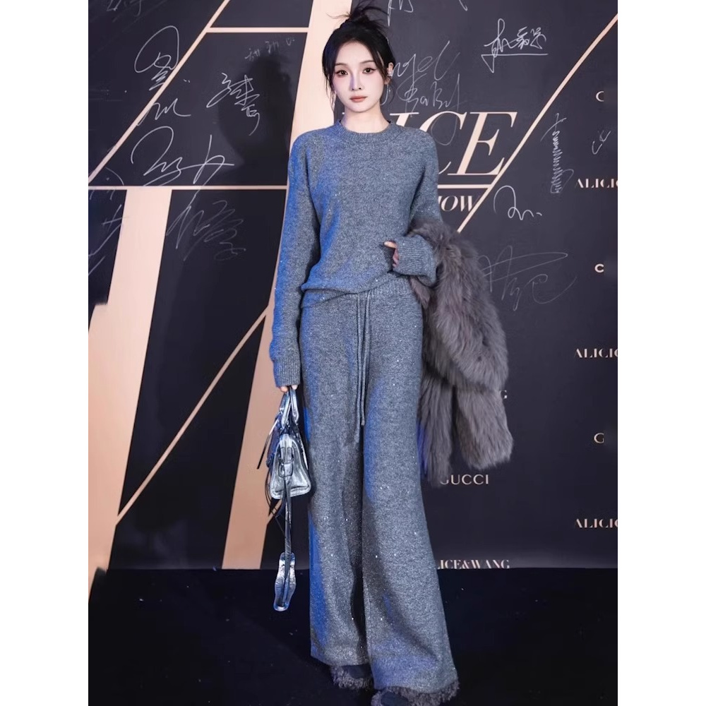 高级感毛衣套装女秋冬新款韩版宽松慵懒风针织阔腿裤两件套潮夏季