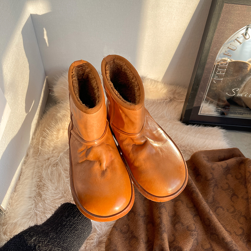 中筒雪地靴冬季厚底三角标真皮羊毛短靴加绒棉鞋WJR2650