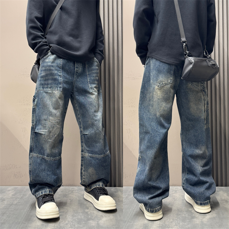 秋冬男痞帅新款工装牛仔裤水洗做旧直筒美式复古高街阔腿牛仔裤