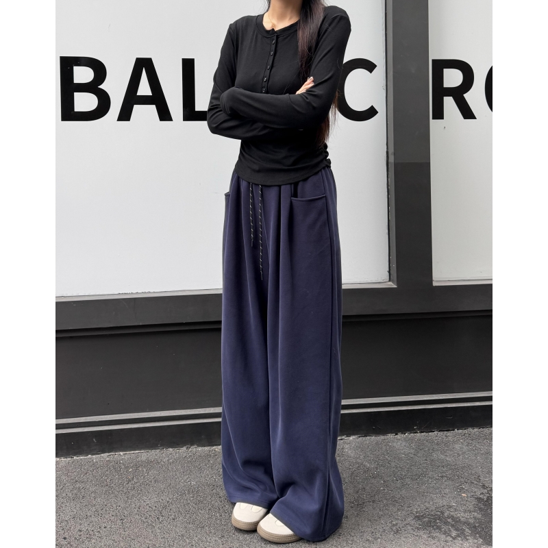 180高个子175加长藏青休闲裤女美式设计感小众宽松垂感阔腿拖地裤