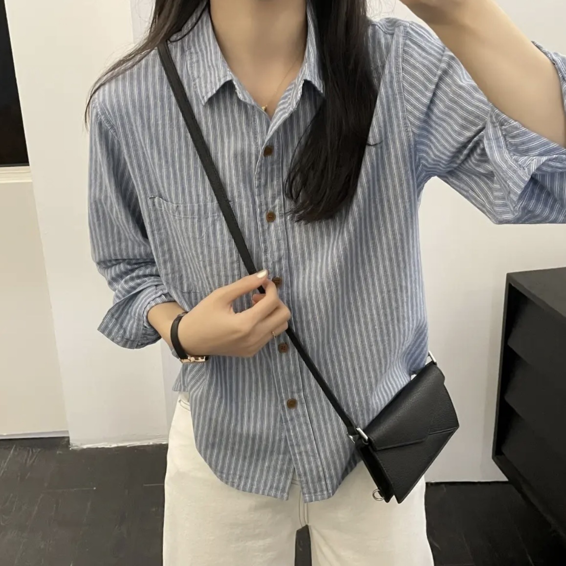 学生蓝白撞色条纹衬衫复古港风外套衬衫薄款韩版条纹