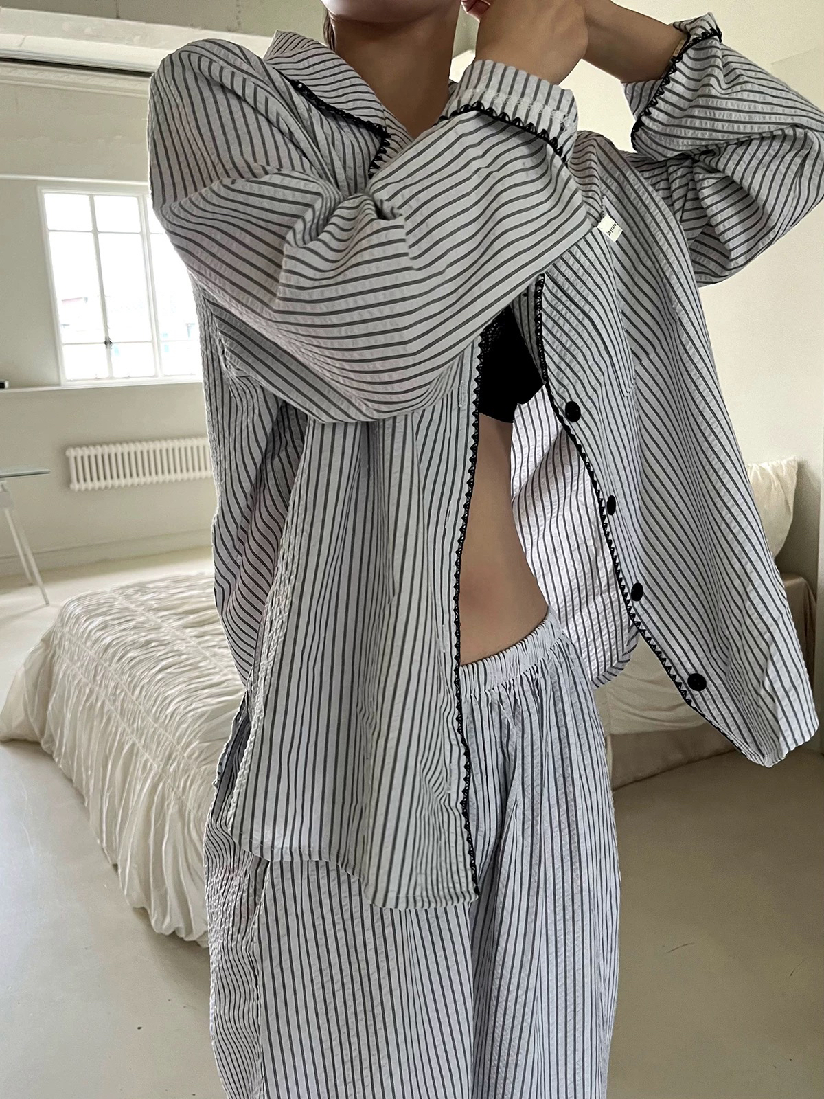 2025新款睡衣女韩版甜美高级感条纹春秋季宽松大码长袖长裤家居服