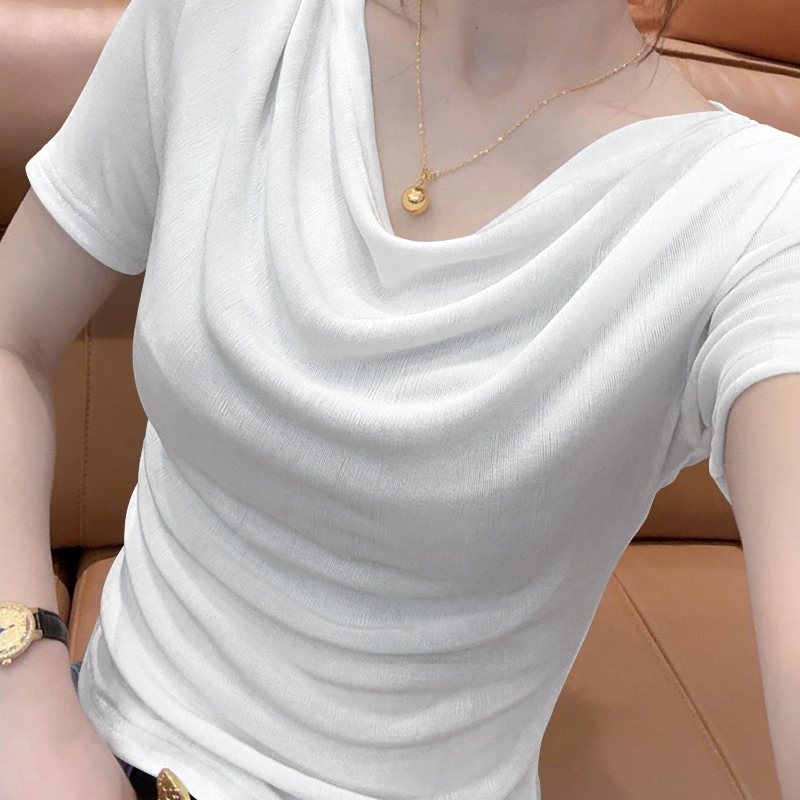 螺纹短袖t恤女2025夏季纯欲温柔纯色设计感弹力休闲露肩短款上衣