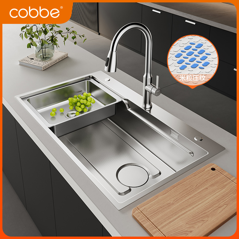 卡贝304米粒纹水槽单槽不锈钢加厚侧排水洗菜盆厨房洗碗池洗菜池