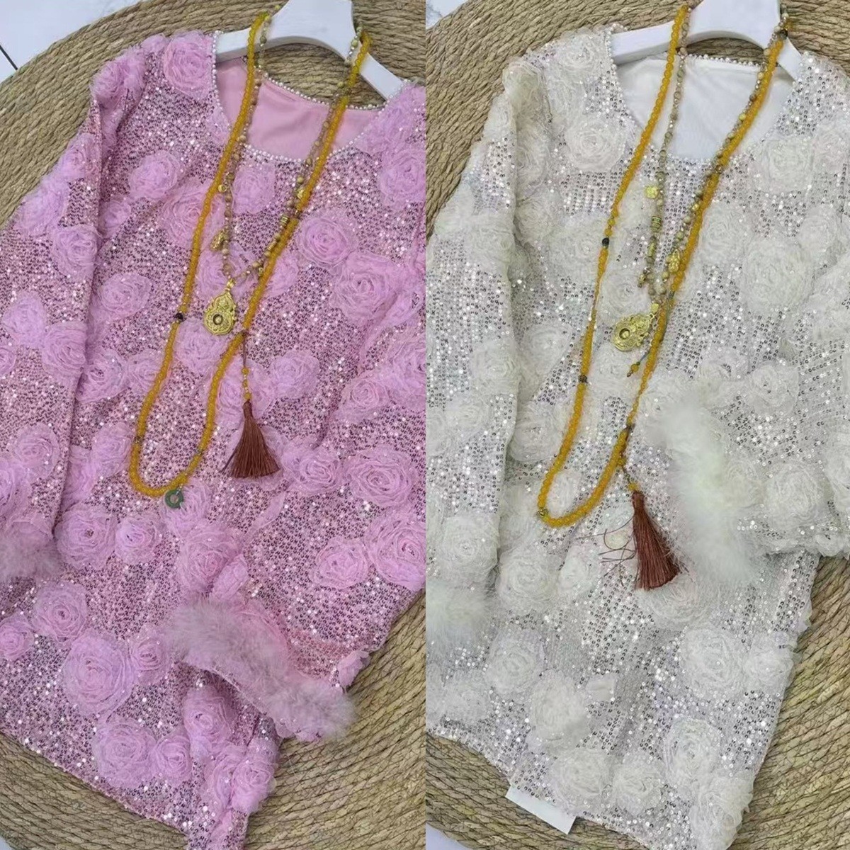 清苍价~深圳8689重工亮片立体花朵上衣仙仙美时尚减龄大码打底衫